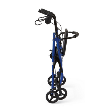 Side view of the Medline Basic Lightweight Steel Folding Rollator featuring black wheels, handles, and a compact folding design with a curved backrest and seat. It offers excellent support, mobility assistance, and height-adjustable arms and legs for personalized comfort.