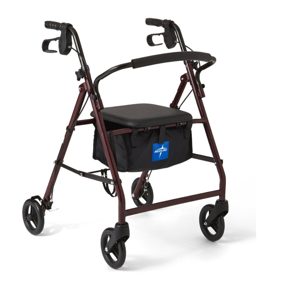 The Medline Basic Lightweight Steel Folding Rollator features a red metal frame, four wheels, a padded seat, and a storage bag. Its height-adjustable with two brake handles for safety, offering mobility support without losing comfort or convenience.