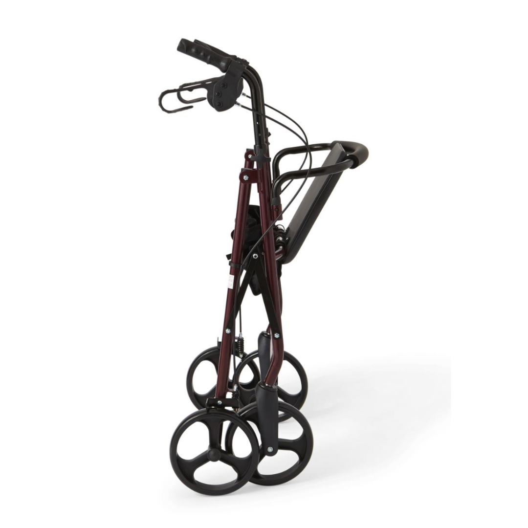 The Medline Basic Lightweight Steel Folding Rollator, with a burgundy frame and black accents, features four large wheels and handlebars. Its vertically positioned seat and backrest allow for easy storage, while the height-adjustable design ensures comfort.
