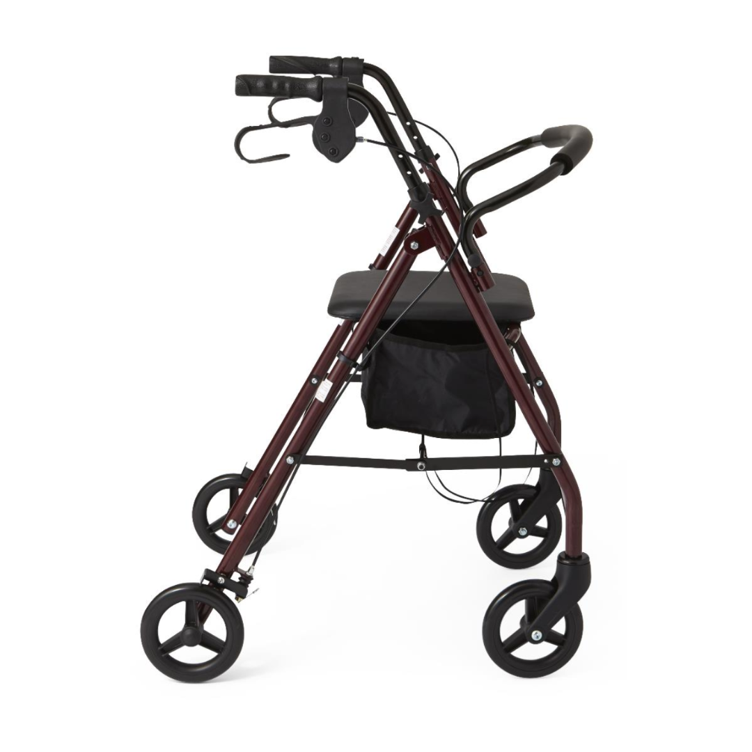 The Medline Basic Lightweight Steel Folding Rollator, shown in maroon with black handles and four wheels, includes a padded seat, side-view-adjustable height, hand brakes for safety, and a small storage bag beneath the seat.