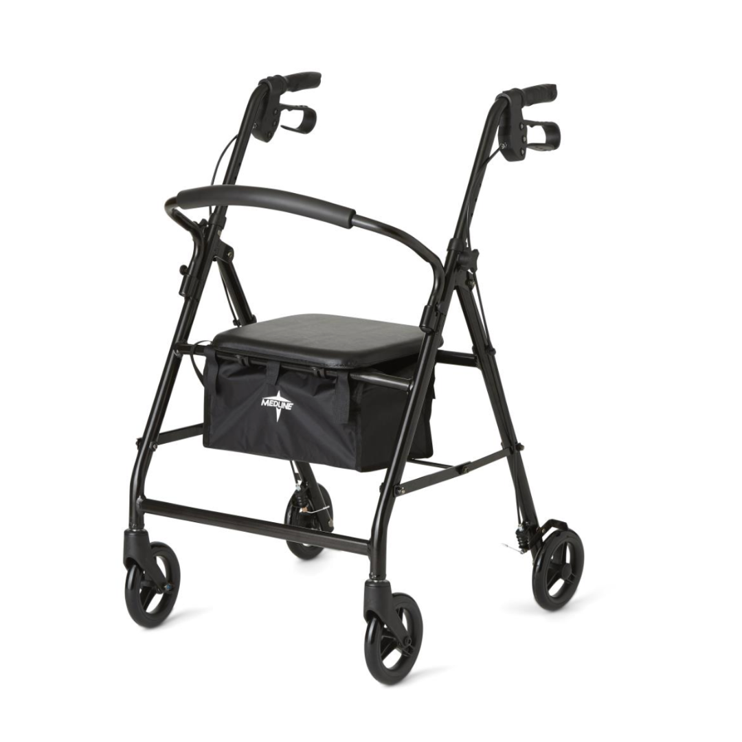 The Medline Basic Lightweight Steel Folding Rollator is a black, height-adjustable walker with four wheels, ergonomic handles, and a padded seat. It features a compact folding design for easy storage and includes a pouch below the seat for convenience, aiding mobility and providing rest on the go.
