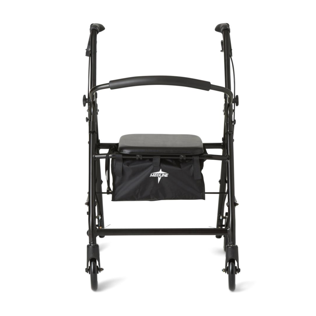The Medline Basic Lightweight Steel Folding Rollator is a sleek black walker with four wheels, a seat, and an under-seat storage bag. It features height-adjustable handlebars for support and stands out against a plain white background due to its compact design.