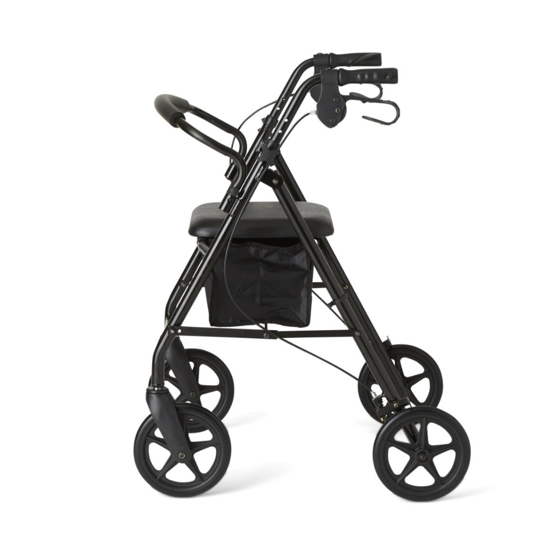 The Medline Basic Lightweight Steel Folding Rollator is a black, four-wheeled rollator with a side view showing a padded seat, hand brakes, height-adjustable frame, and storage pouch under the seat.