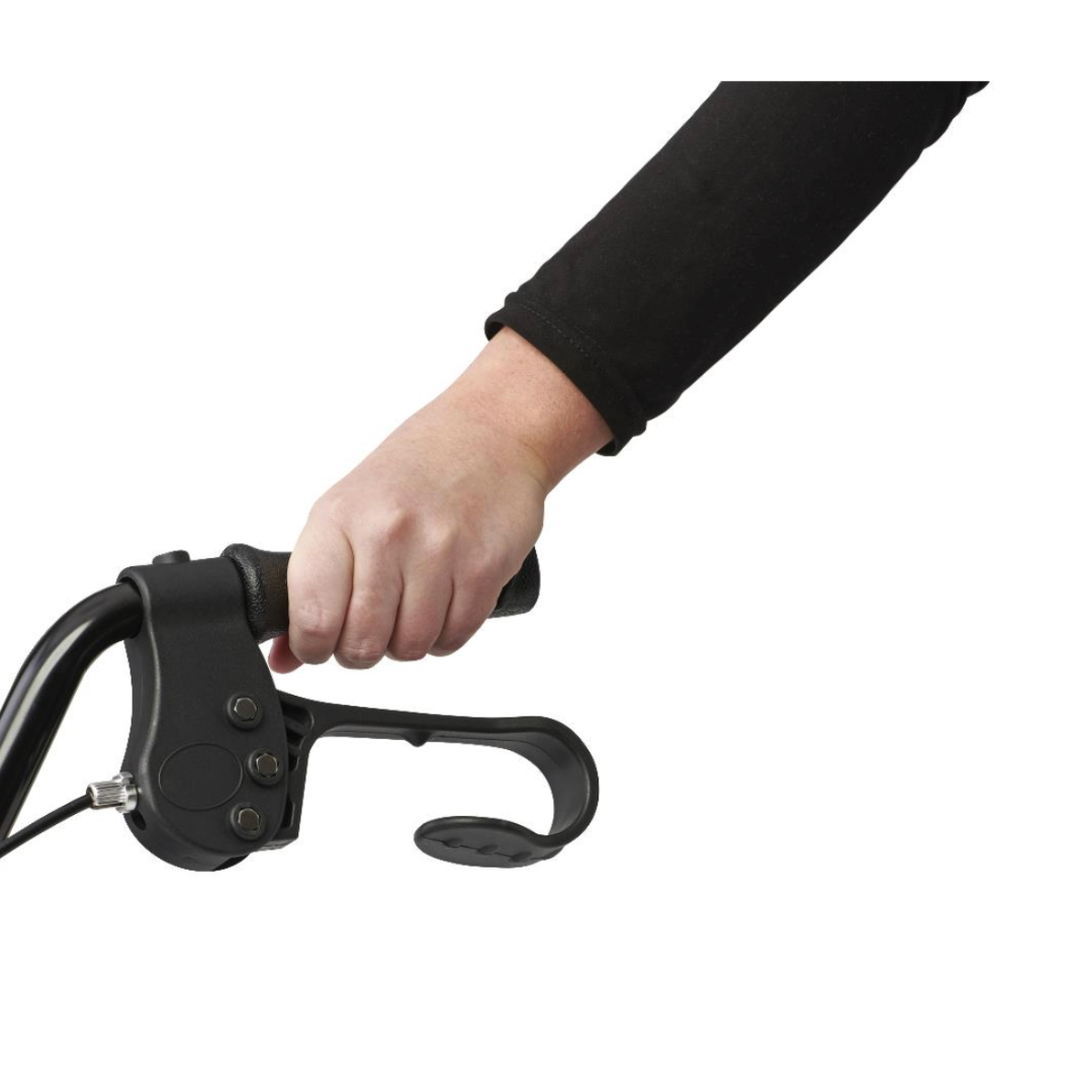 A person in a black sleeve grasps the handle of a bike or scooter with an accessory attached, resembling those on the Medline Basic Lightweight Steel Folding Rollator. The background is white.