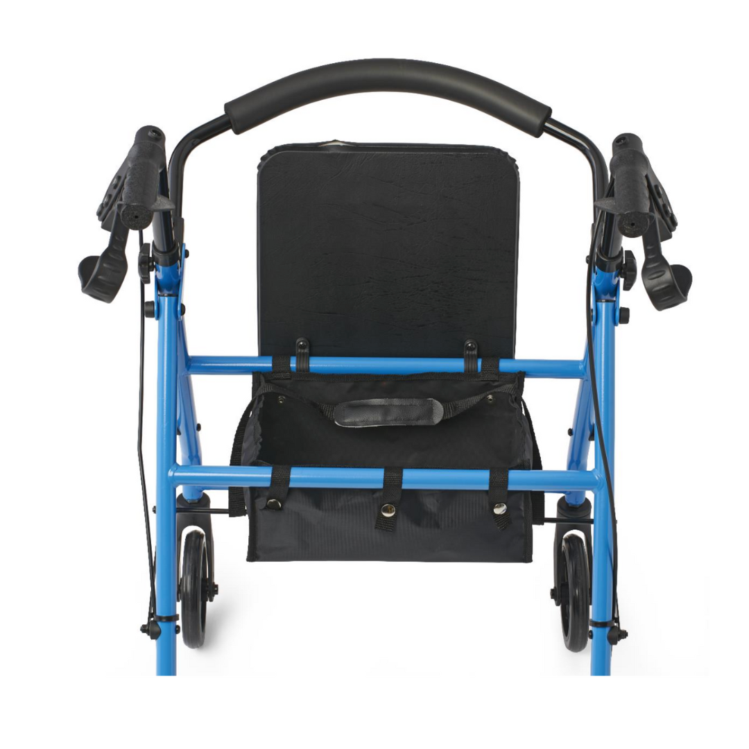 The Medline Basic Lightweight Steel Folding Rollator, viewed from the back, is blue with a black cushioned seat and a storage bag underneath. It features four wheels, brake handles, and a curved backrest for support in its compact folding design.