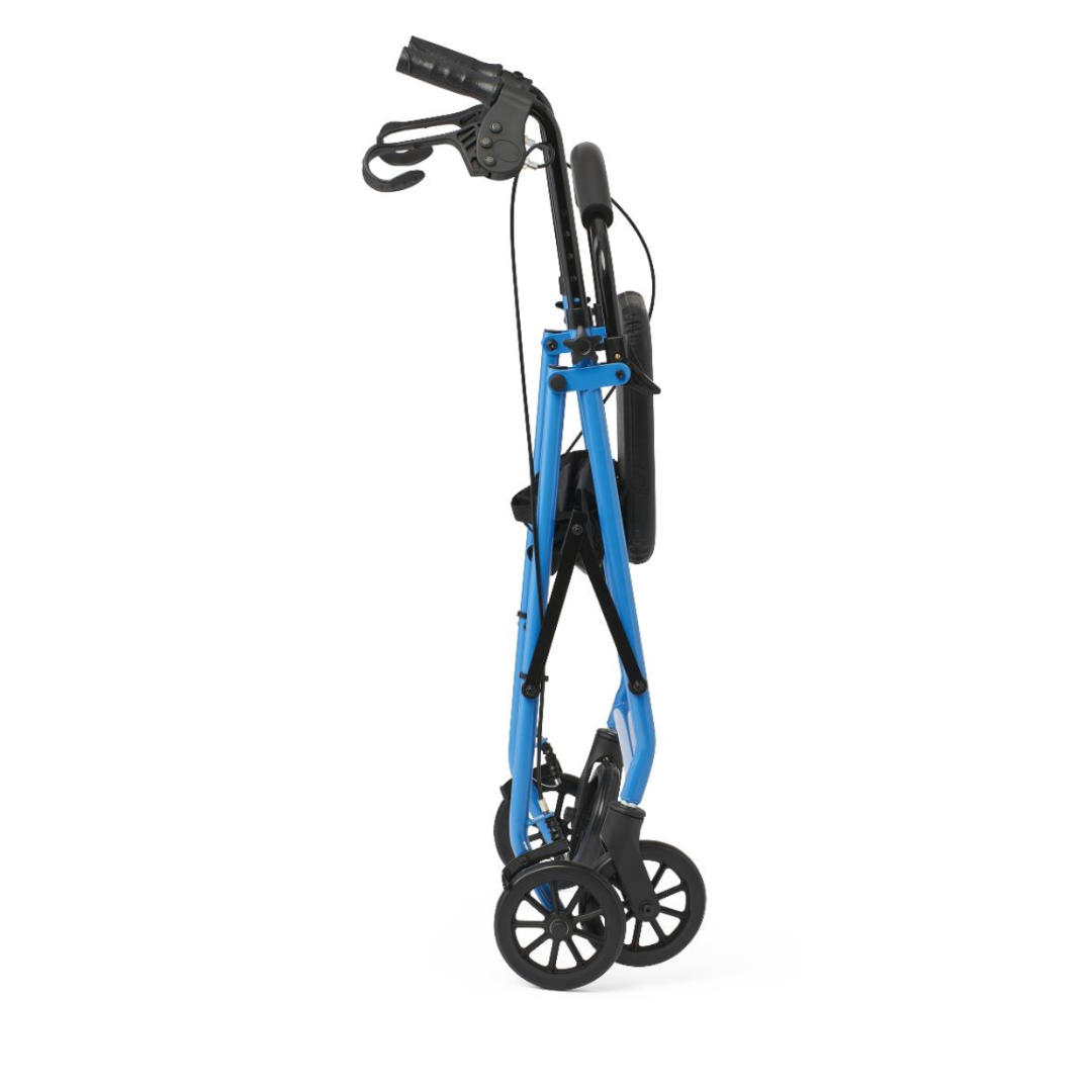 A side view of the Medline Basic Lightweight Steel Folding Rollator, featuring a folded blue frame, black handlebars, and four wheels. Its compact design ensures portability and easy storage.