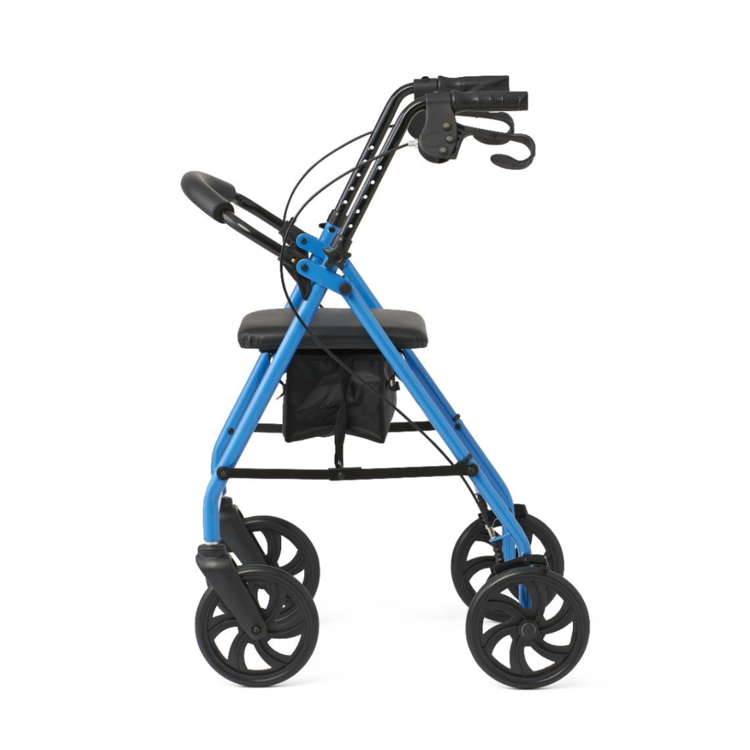 Side view of the Medline Basic Lightweight Steel Folding Rollator in blue, featuring four black wheels, a padded seat, and a storage pouch. It has height-adjustable handlebars with hand brakes for efficient mobility assistance.