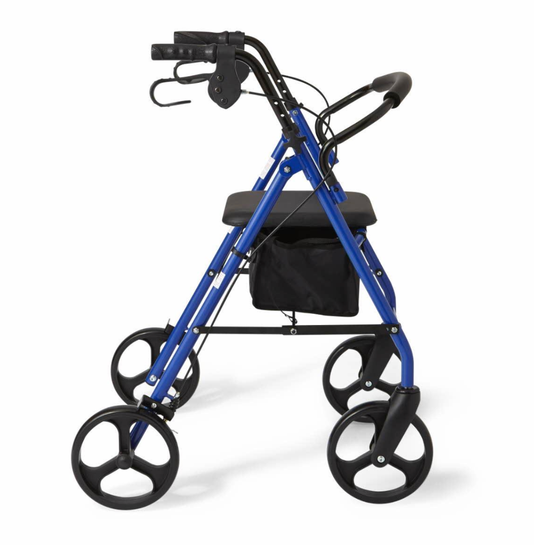 The Medline Basic Lightweight Steel Folding Rollator has a blue frame with four black wheels, a cushioned seat, and a storage pouch. It features height-adjustable arms and legs for comfort, hand brakes on the handlebars, and folds compactly for easy storage.