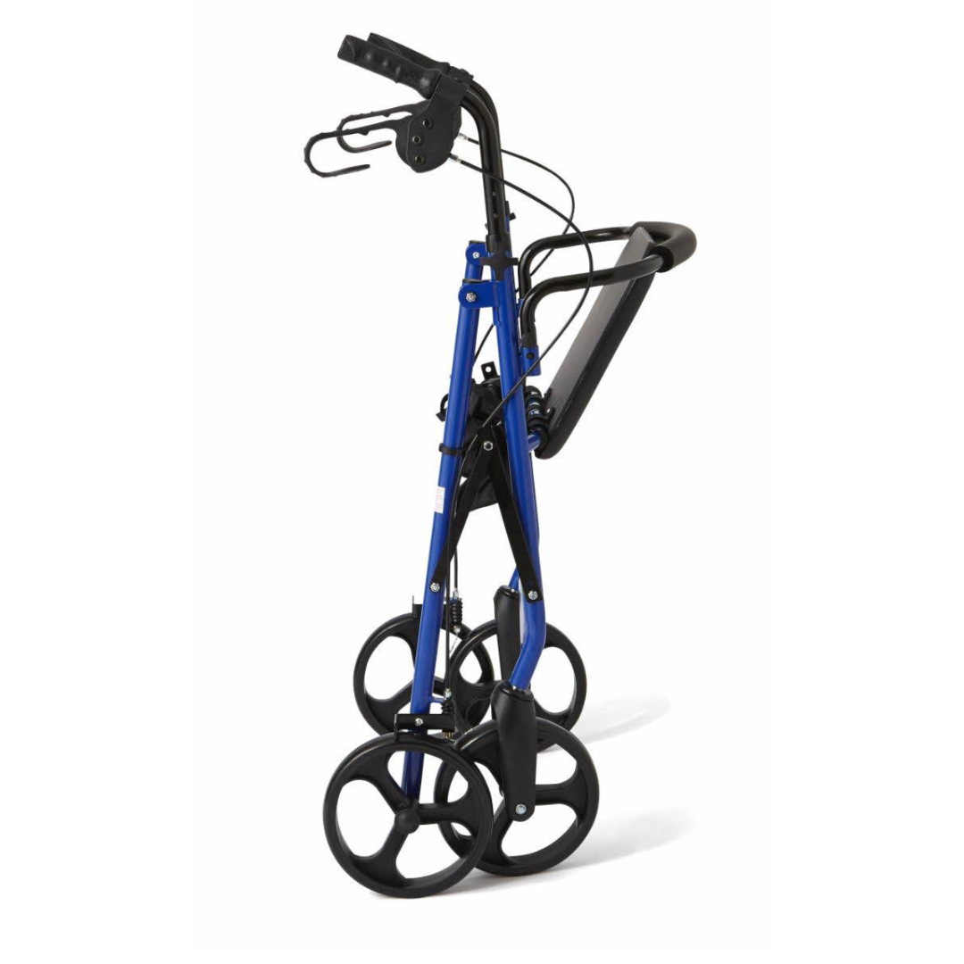 The Medline Basic Lightweight Steel Folding Rollator stands upright against a white background with large black wheels and hand brakes. Its compact folding design makes it a lightweight option thats easy to transport.