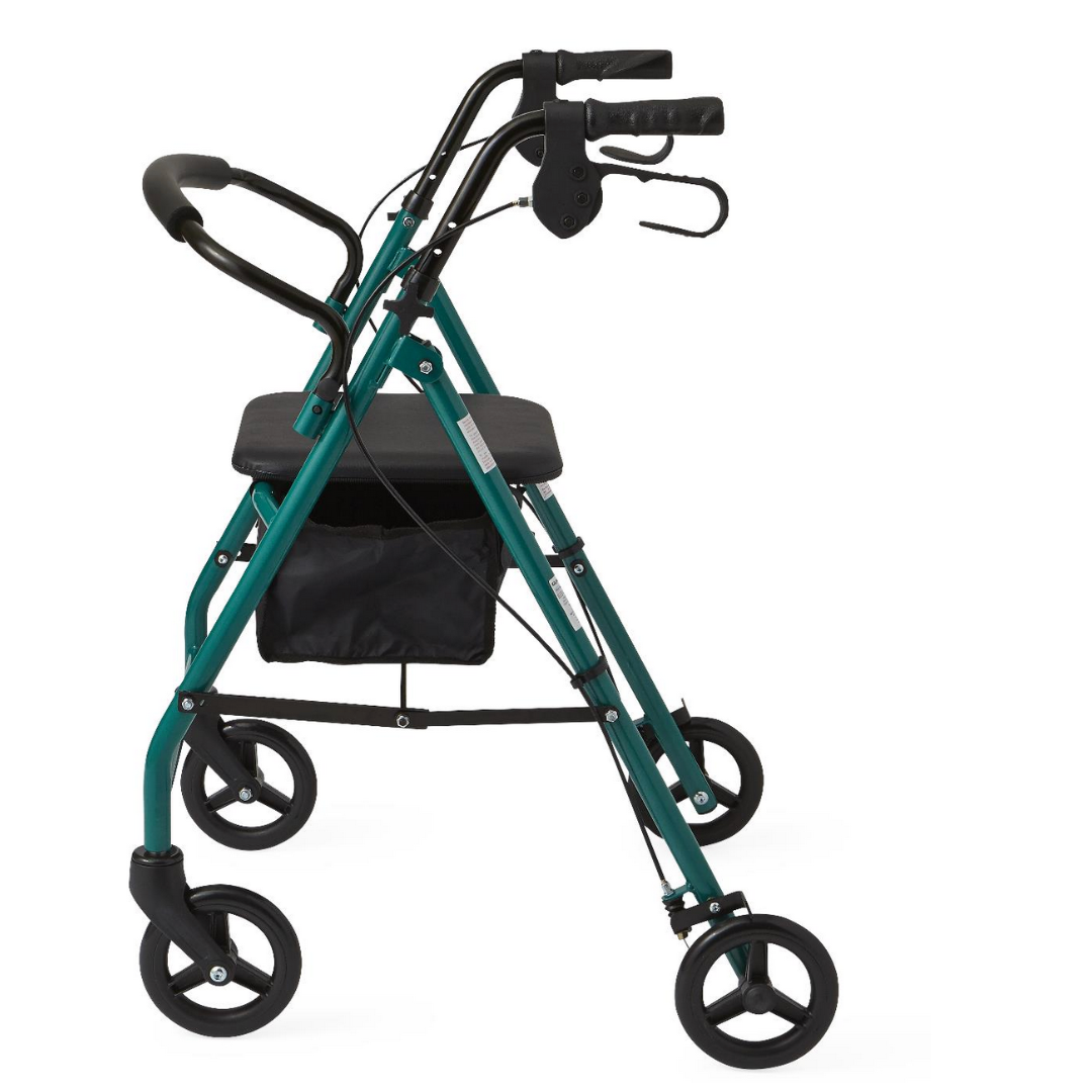 Side view of a Medline Basic Lightweight Steel Folding Rollator in teal and black, featuring handles, a seat, storage pouch underneath, and four wheels. This compact rollator is designed for support and stability while walking.