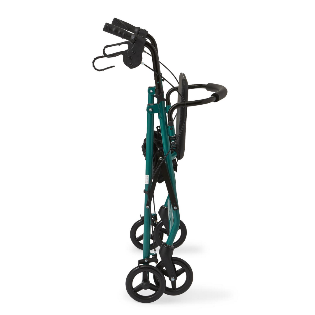 The Medline Basic Lightweight Steel Folding Rollator in teal, shown folded and upright, features a compact design with four black wheels, a seat, and height-adjustable handles with brakes. The side view is sleek against the white background.