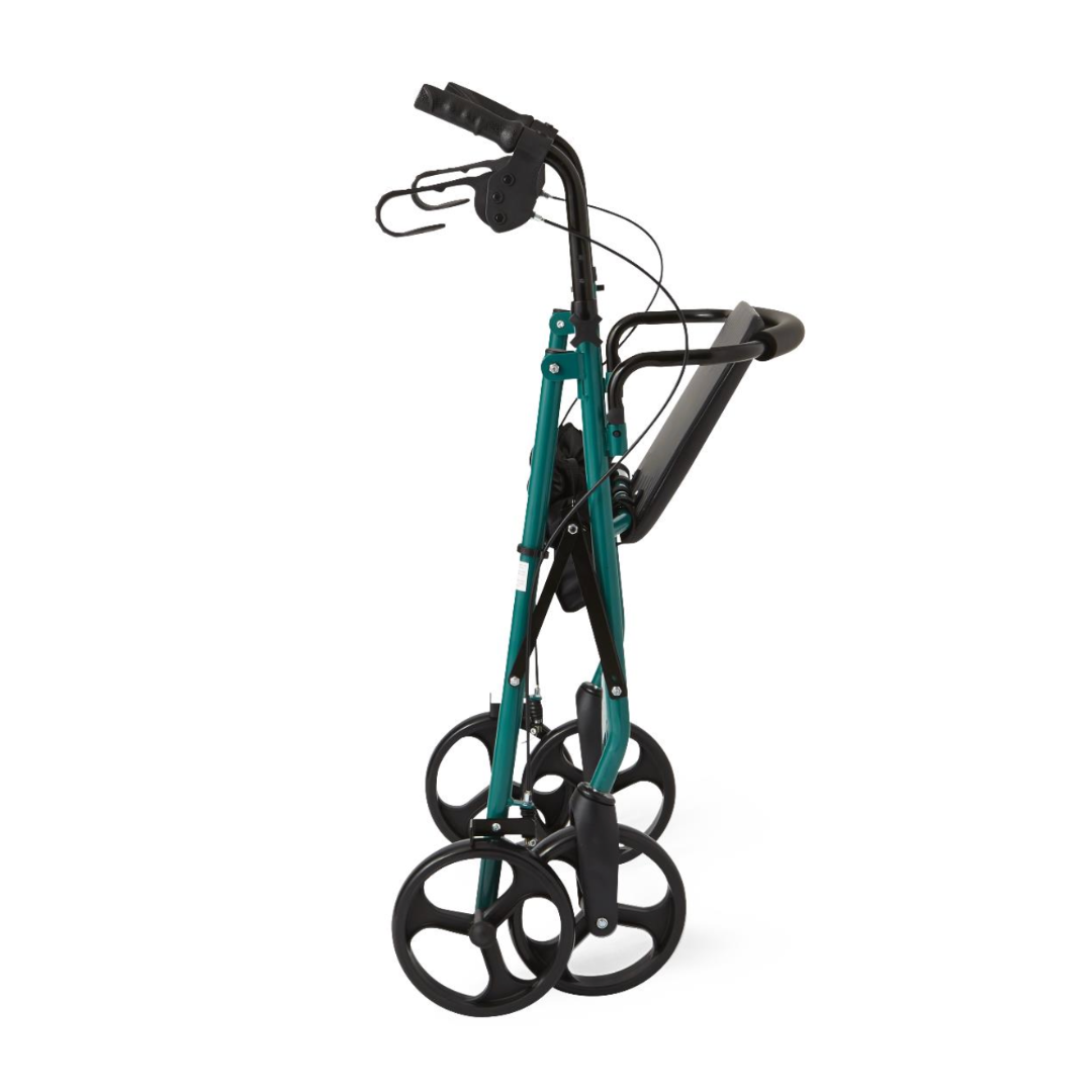 The Medline Basic Lightweight Steel Folding Rollator, in green with black handlebars and four large wheels, is known for its compact folding design and stands upright against a white background.