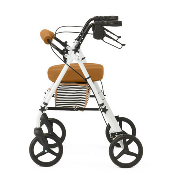 The Medline Steel Rollators with Microban features a white frame, black wheels, and a black and white striped storage bag under the seat. An orange seat and backrest ensure comfort, while ergonomic handles with brakes deliver reliable mobility support for safety and ease of use.