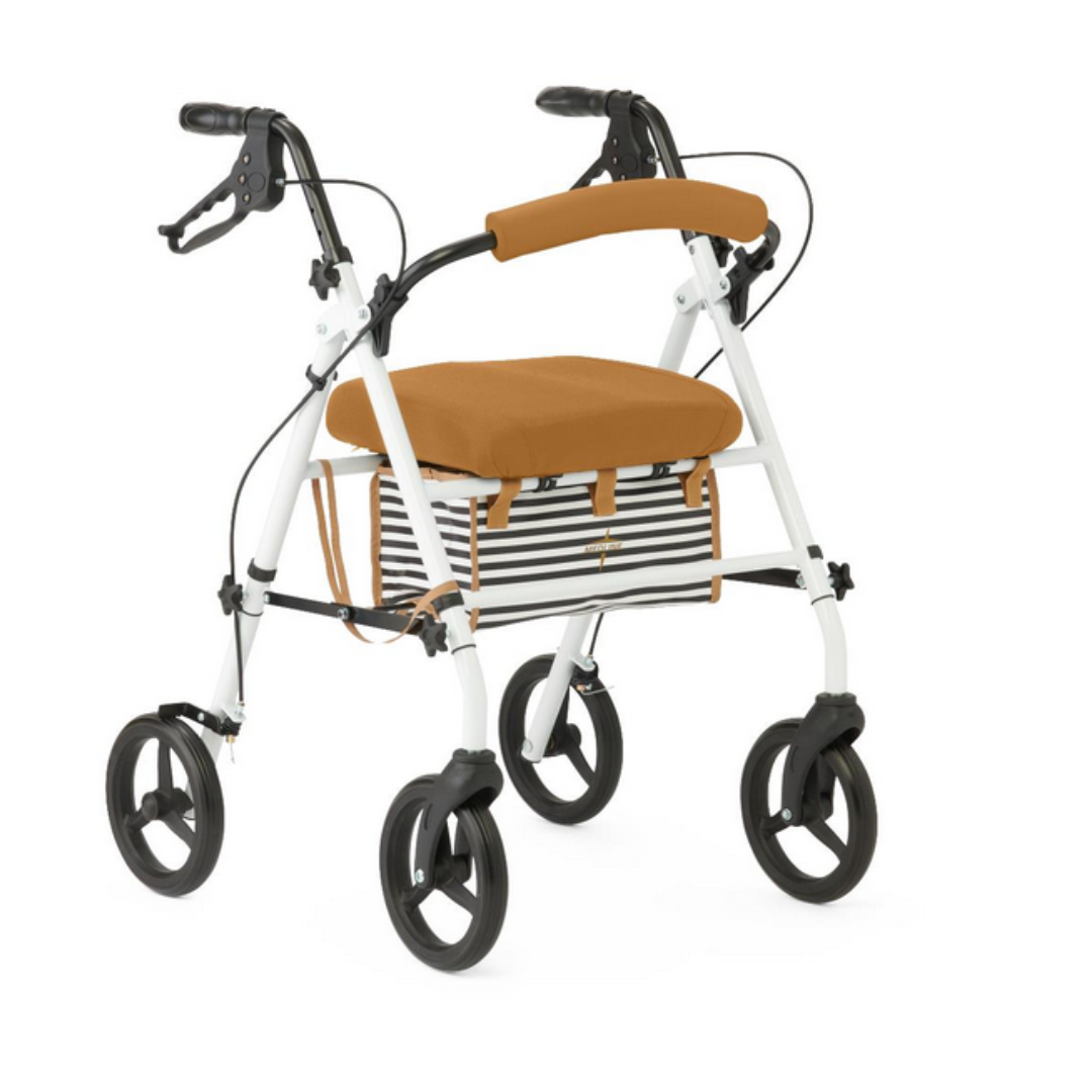 The Medline Steel Rollator with Microban features a white frame, orange seat and backrest, black handlebars, a striped bag beneath the seat for mobility support, and four black rubber wheels with antimicrobial protection.
