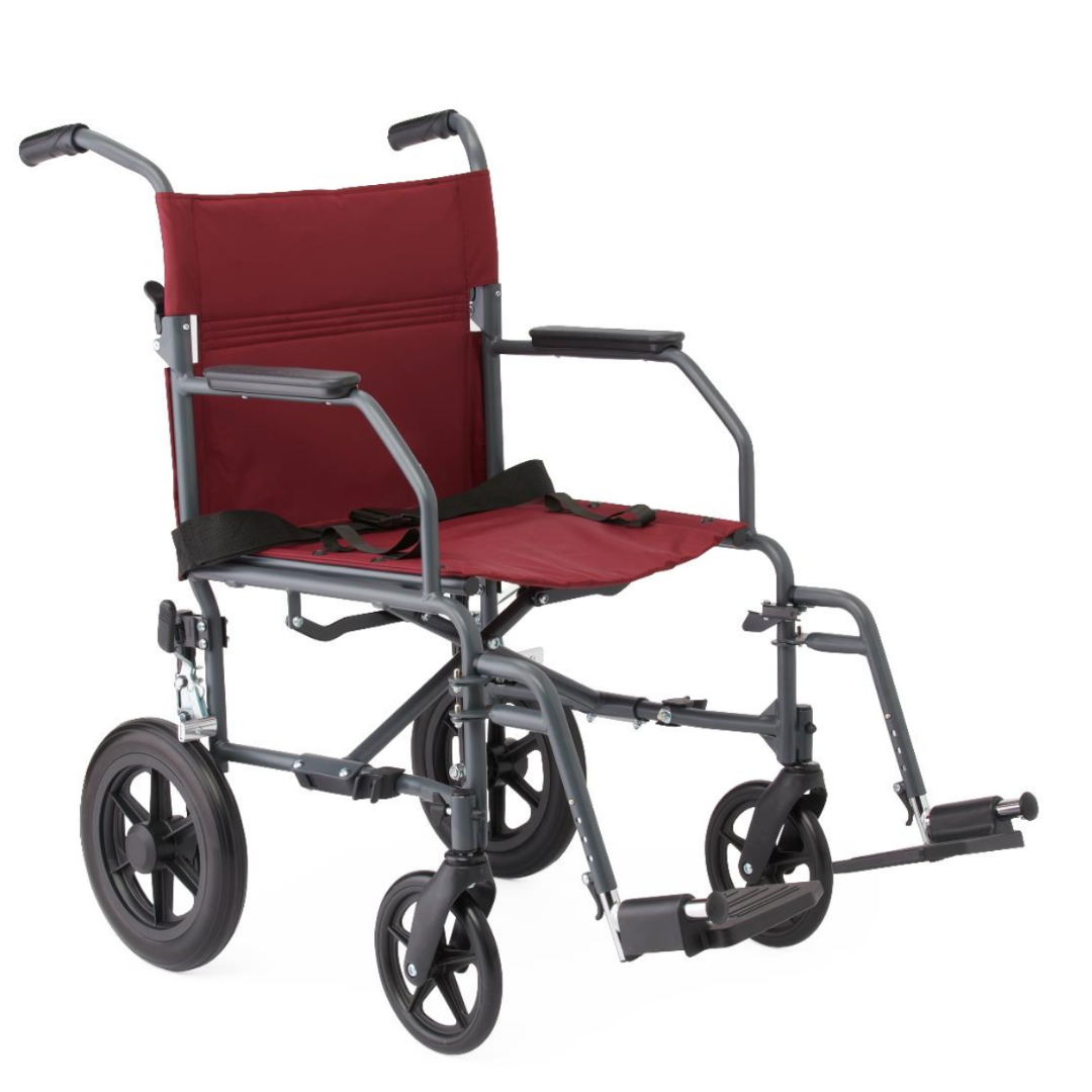 The Medline Designer High-Performance Transport Chair features a maroon seat and backrest, black armrests, footrests, and handles, plus four black wheels on a sturdy steel frame for comfortable mobility anywhere.