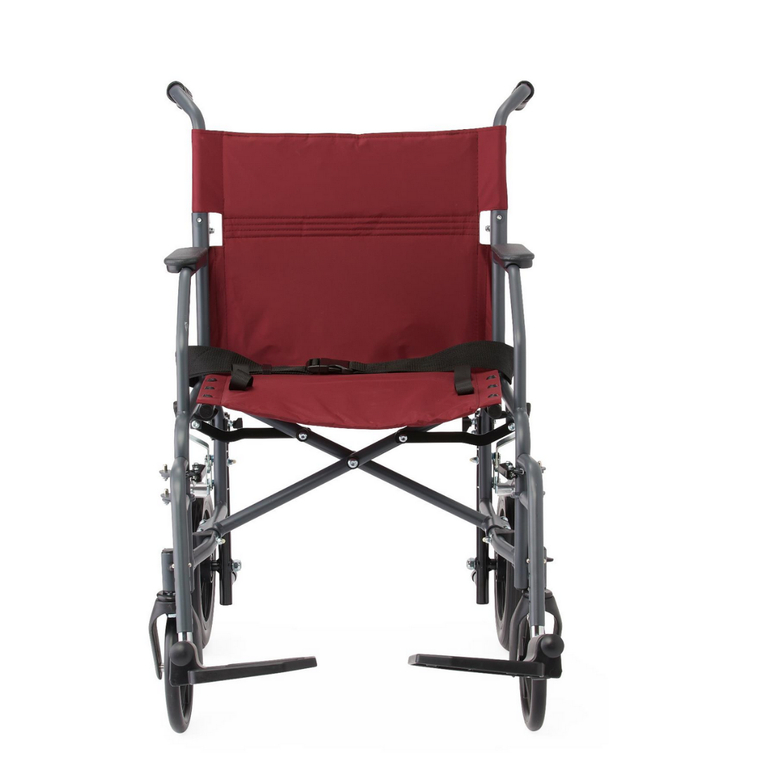 The Medline Designer High-Performance Transport Chair, shown from the back in red, features handles, armrests, black straps, footrests, a durable steel frame, and small rear wheels for comfortable daily mobility.