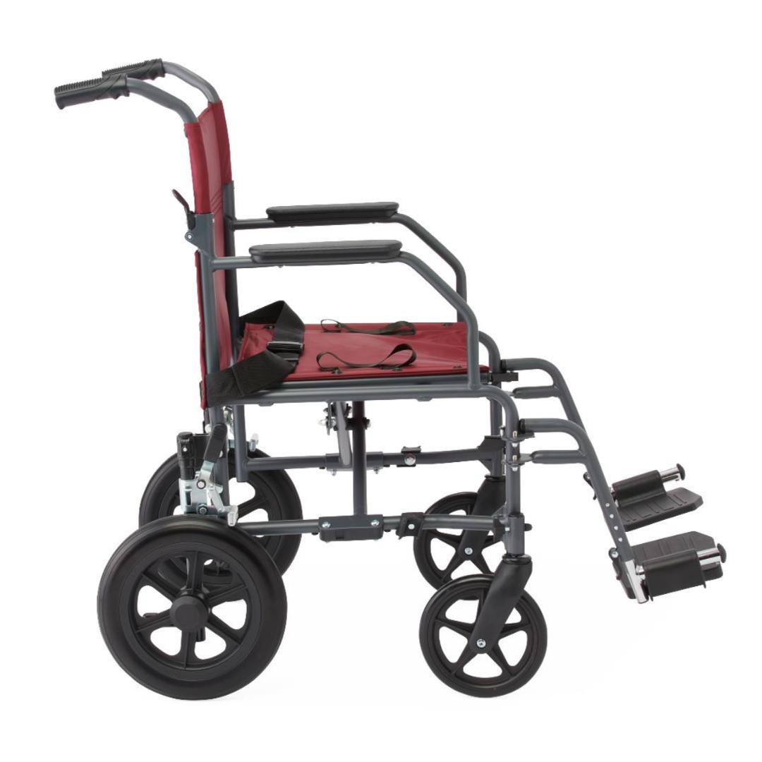 Side view of the Medline Designer High-Performance Transport Chair featuring a lightweight, foldable steel frame, red seat and backrest, black armrests and footrests, and four black wheels for comfortable mobility and easy transport.