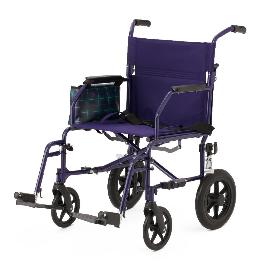 The Medline Designer High-Performance Transport Chair is a lightweight purple chair with black armrests, footrests, and a green-blue plaid side bag. Its durable steel frame and large rear wheels ensure comfort and easy maneuverability.