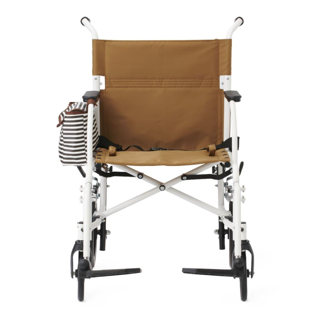 The Medline Designer High-Performance Transport Chair features a durable steel frame, brown fabric seat and backrest, black armrests, and a striped side bag, shown from the back for comfortable mobility.