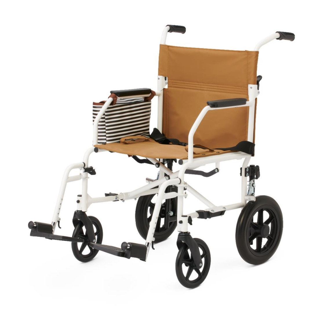 The Medline Designer High-Performance Transport Chair features a lightweight tan and white steel frame, black armrests and footrests, large rear wheels, and a black-and-white striped side bag for comfortable mobility.