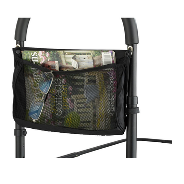 A black mesh pouch on a MEDLINE walker holds items for easy access, similar to the Medline Bed Assist Bar, which offers support for getting in and out of bed.