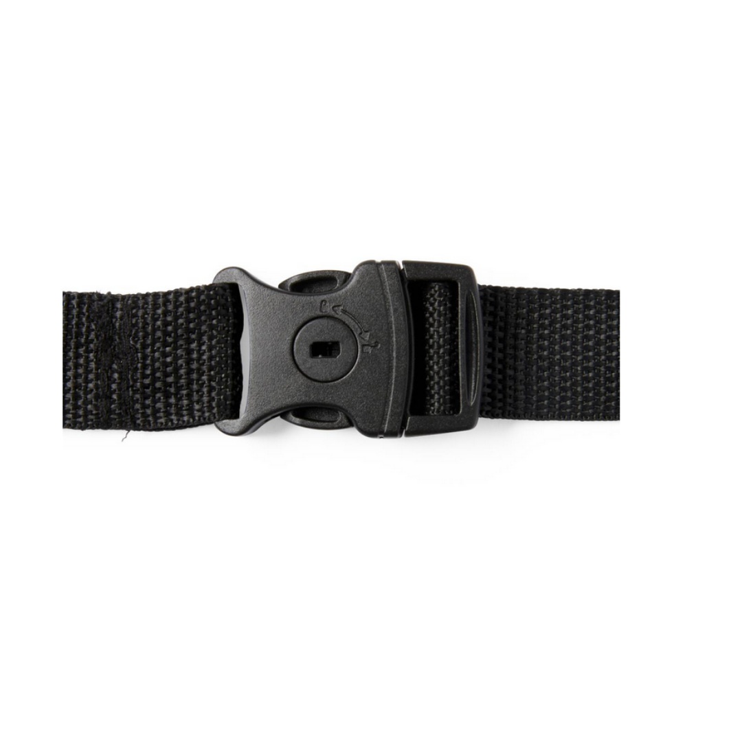 A close-up of a black plastic side-release buckle fastened on a black woven strap, shown against a white background—part of the Medline Bed Assist Bar, which offers support for getting in and out of bed.