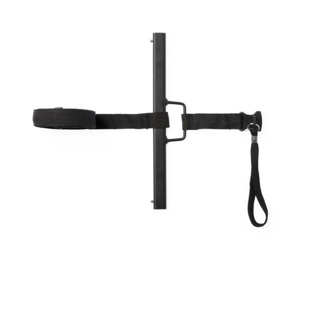 The Medline Bed Assist Bar features a black metal frame with two nylon straps—one forms a loop, the other ends with a handle—for support when getting in or out of bed. Shown against a white background.