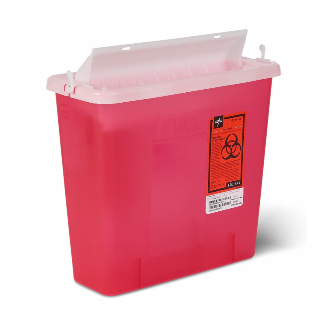 The Medline Biohazard Patient Room Sharps Disposal Container is red plastic with a white hinged lid, biohazard warning label, and disposal instructions on the front, designed for safe sharps disposal in patient rooms.