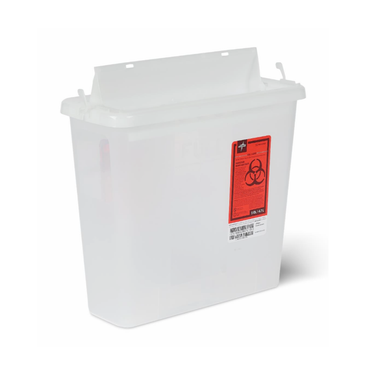 Medline Biohazard Patient Room Sharps Disposal Container: white, rectangular, with translucent lid and red warning label, designed for safe disposal of needles and other sharps in patient rooms.