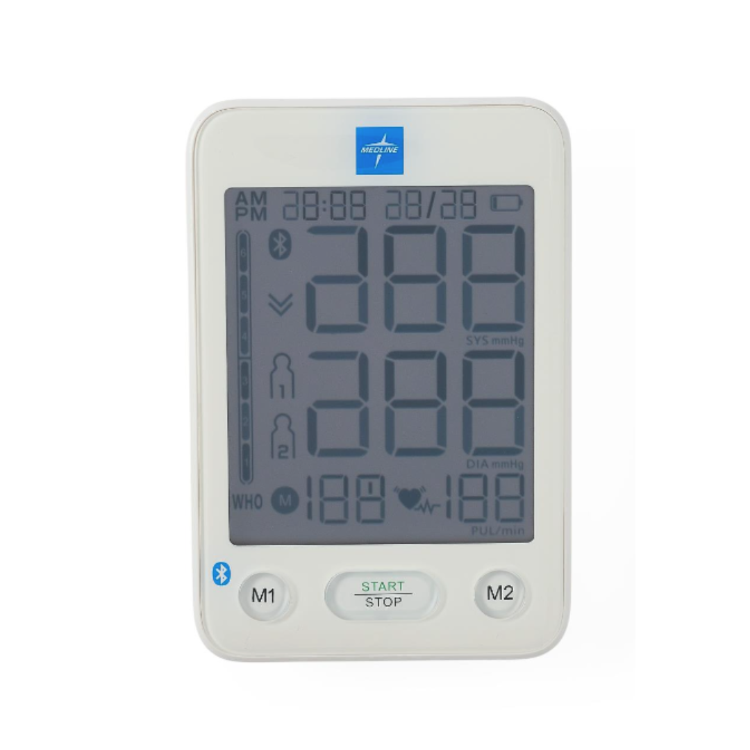 A Medline Blood Pressure Monitor with Bluetooth, Universal Cuff, and Carrying Case featuring a blank screen and buttons labeled M1, M2, and START/STOP. The monitor displays icons on the screen but shows no readings.