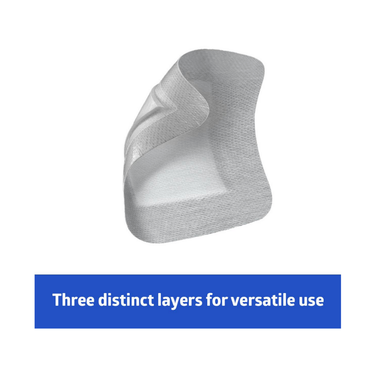 The Medline Bordered Gauze Adhesive Island Wound Dressing is shown slightly curled, revealing three visible layers above a blue banner stating: Three distinct layers for versatile use, including a soft absorbent pad ideal for dressing wounds.