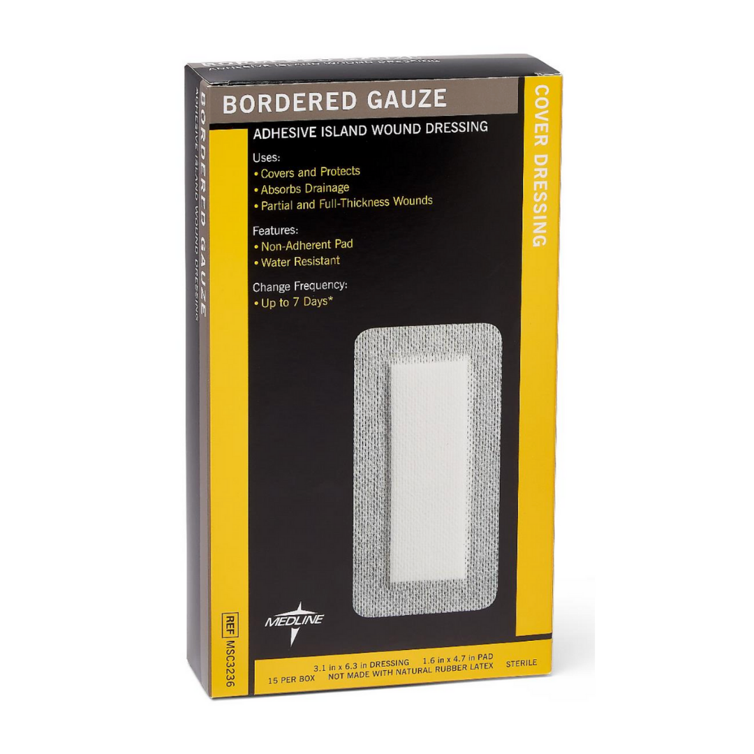 A box of Medline Bordered Gauze Adhesive Island Wound Dressings featuring a soft absorbent pad, non-adherent contact layer, water resistance, 7-day change frequency, and packaged in a black and yellow box.