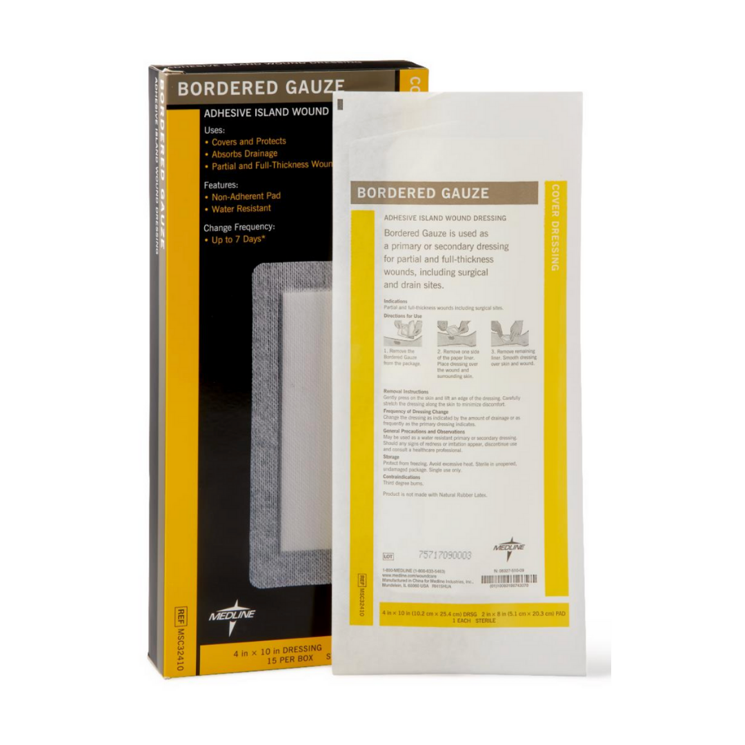 A box and a single pouch of Medline Bordered Gauze Adhesive Island Wound Dressings, with the pouch displaying instructions, specs, and details about its soft absorbent pad with a non-adherent contact layer for wound care.