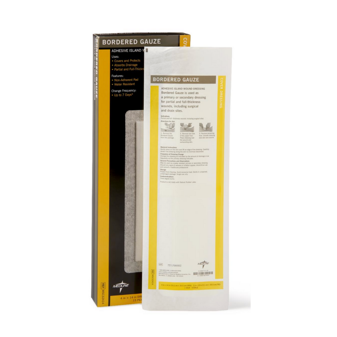 A box of Medline Bordered Gauze Adhesive Island Wound Dressings stands upright beside a single dressing packet, both in black and yellow packaging that showcases the soft absorbent pad featured in these dressings.
