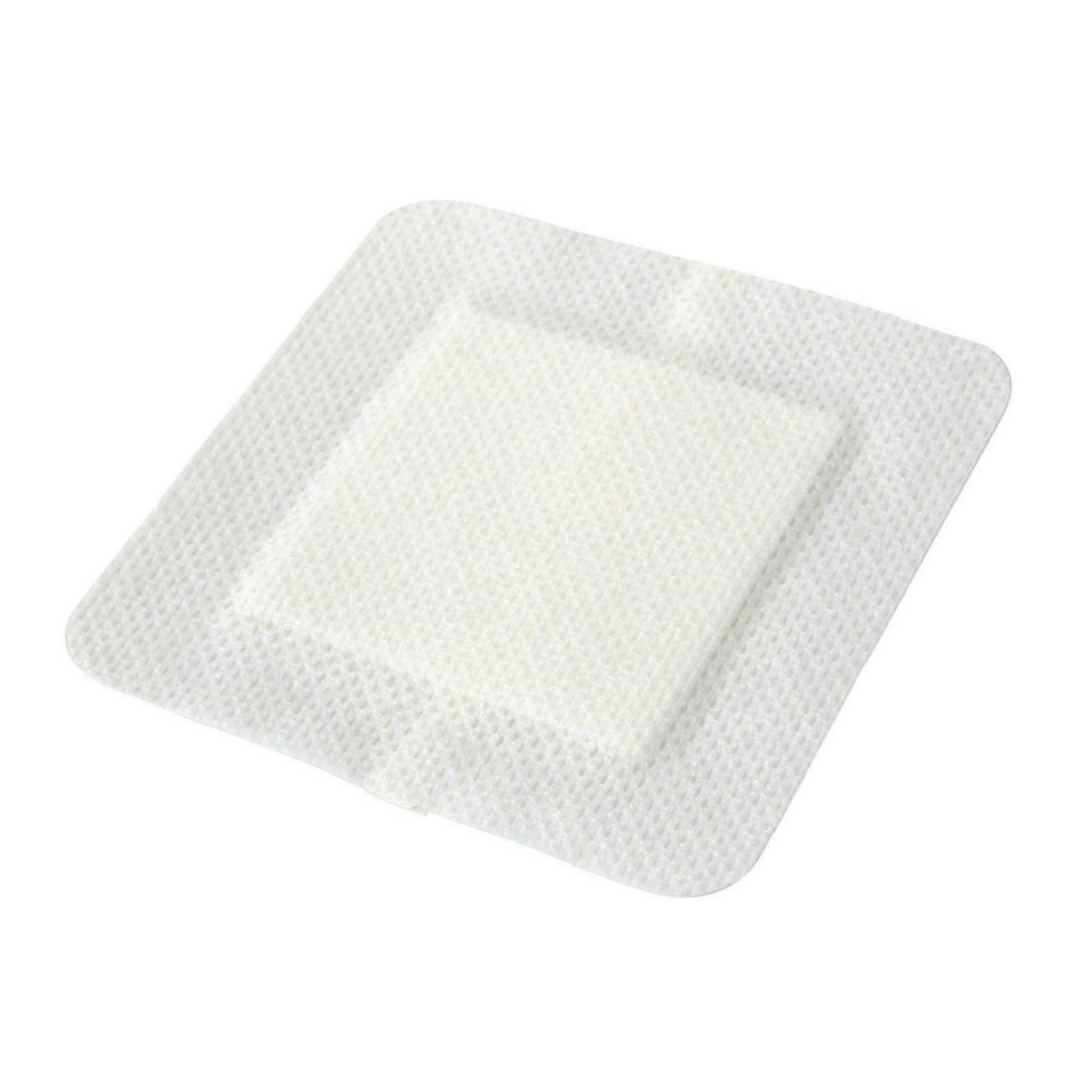 A Medline Bordered Gauze Adhesive Island Wound Dressing, white and square with rounded corners, features a central soft absorbent pad and mesh-like texture, shown on a plain white background.