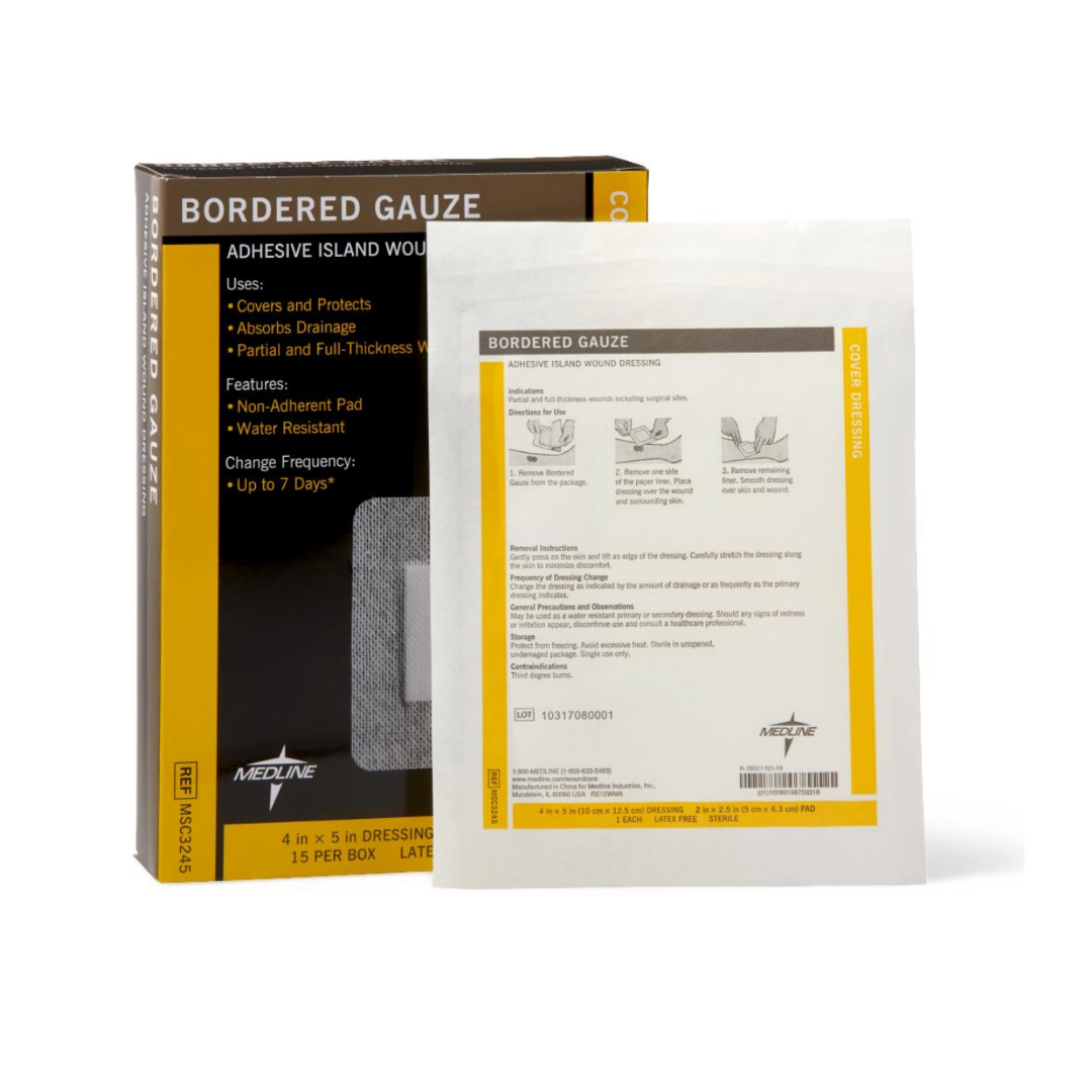 A box and a single packet of Medline Bordered Gauze Adhesive Island Wound Dressings, 4 x 5 inches, are shown upright. The packaging highlights a soft absorbent pad, non-adherent contact layer, and clear application instructions.