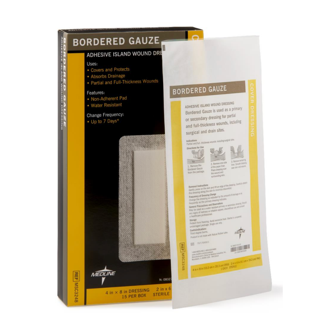 A box and a single packet of Medline Bordered Gauze Adhesive Island Wound Dressings, showing product details and an illustration of the soft absorbent pad with a non-adherent contact layer on the front.