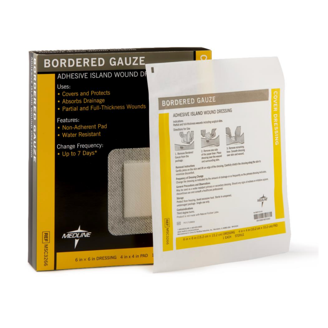 A package and single pouch of Medline Bordered Gauze Adhesive Island Wound Dressings, featuring a non-adherent contact layer, usage instructions, product features, and images on the packaging. Suitable for use as a primary or secondary dressing.