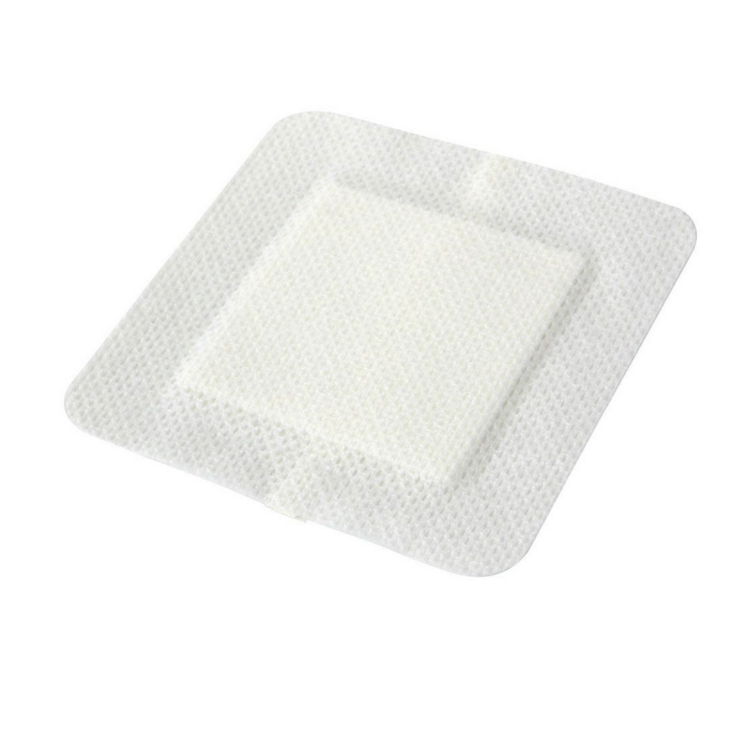 Medline Bordered Gauze Adhesive Island Wound Dressings, featuring a white absorbent pad with a non-adherent layer in the center of a transparent adhesive border, are shown on a plain white background.