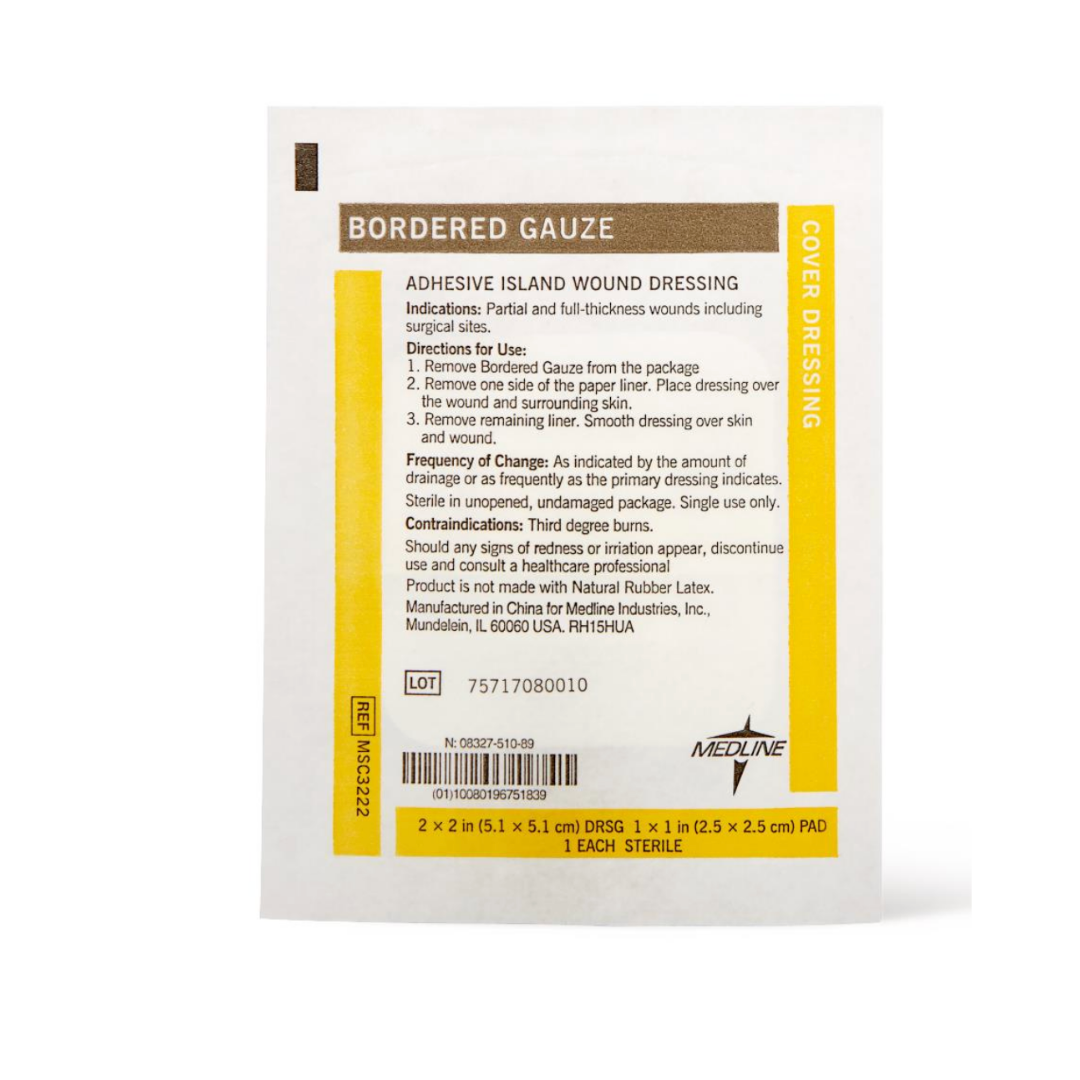 A packet of Medline Bordered Gauze Adhesive Island Wound Dressings with a soft absorbent pad, non-adherent contact layer, and front-printed size, use indications, and manufacturer details.