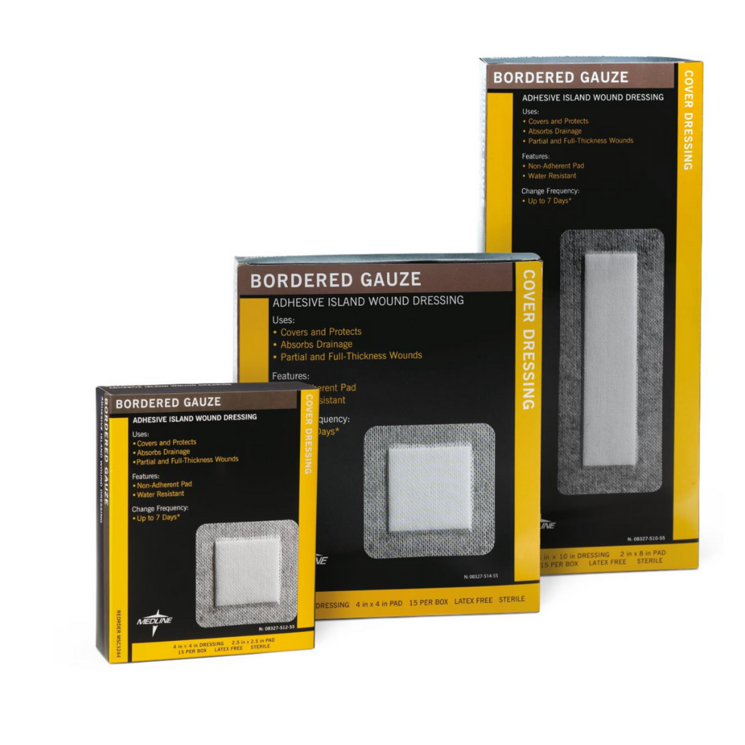 Three boxes of Medline Bordered Gauze Adhesive Island Wound Dressings in various sizes are shown, each with a soft absorbent pad image and product details in white and yellow on black packaging.