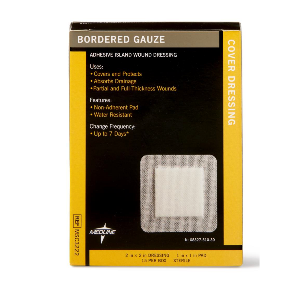 Medline Bordered Gauze Adhesive Island Wound Dressings feature a soft absorbent pad, non-adherent contact layer, drainage absorption, water resistance, and provide protection for up to 7 days.