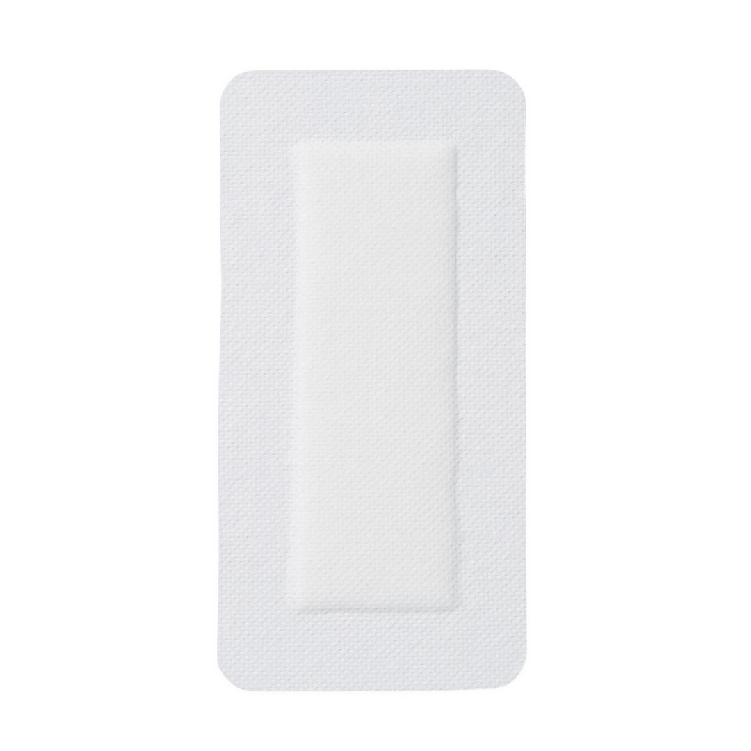 A Medline Bordered Gauze Adhesive Island Wound Dressing, rectangular and white with a soft absorbent pad and non-adherent contact layer, shown on a plain white background.