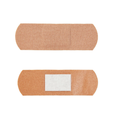 Two Medline CURAD Flex-Fabric Adhesive Bandages (1" x 3") are shown: the top displays the outer side; the bottom is flipped to reveal the white center pad. Both bandages are rectangular with rounded edges.