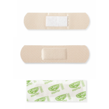 Two beige Medline CURAD Sheer Adhesive Bandages - Variety are shown, one face up and one down to display both sides. Below them is an unopened bandage in white and green CURAD packaging. Assorted sizes offer versatile coverage.