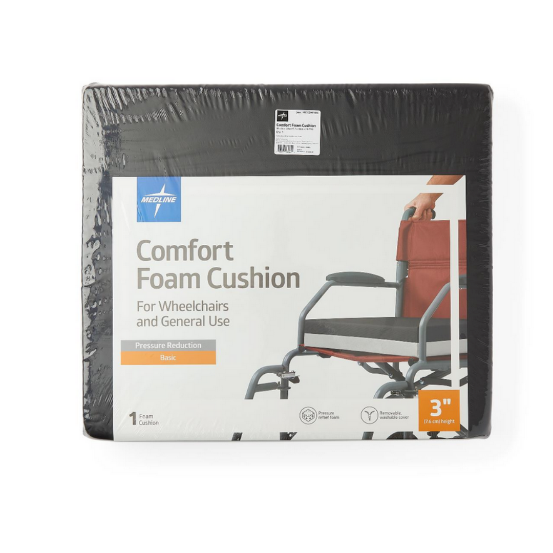 A packaged Medline Comfort Foam Cushion - 3 Thickness, designed for wheelchairs and general use. The label features a wheelchair cushion image and highlights pressure relief and therapeutic foam benefits.