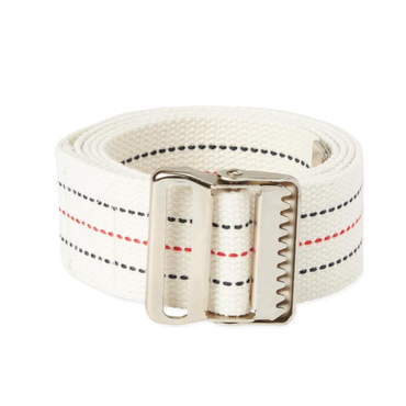 The Medline Cotton Gait Belt, featuring black and red dashed stripes and a metal buckle, is designed to assist caregivers with patient transfers and ambulation.