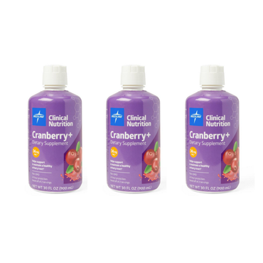 Three bottles of Medline Cranberry+ Liquid Urinary Tract Dietary Supplement, 30 oz each, with purple labels and cranberry images, arranged side by side on a white background.