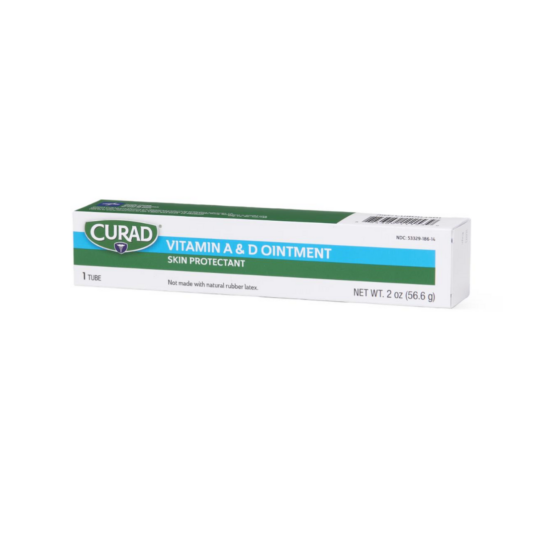 A 2 oz (56.6 g) tube of Medline Curad Vitamin A and D Ointment Skin Protectant with green, white, and blue packaging; contains white petrolatum and is labeled not made with natural rubber latex.