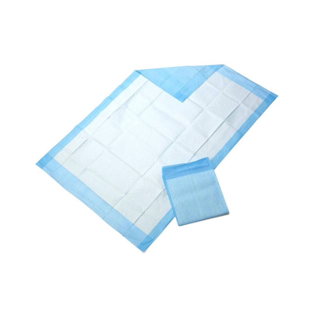 The Medline Disposable Fluff Underpads (23" x 36") are incontinence pads featuring a white absorbent core and blue waterproof border, displayed flat with an additional folded pad on a white background.